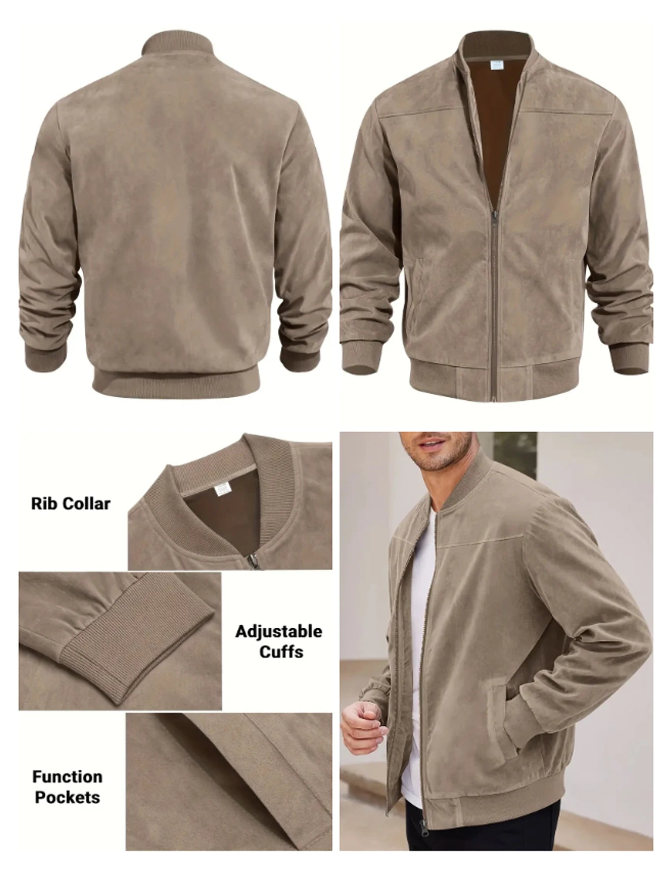 Men's suede nap fabric casual jacket Round neck zipper Solid color Sport Bomber Jacket