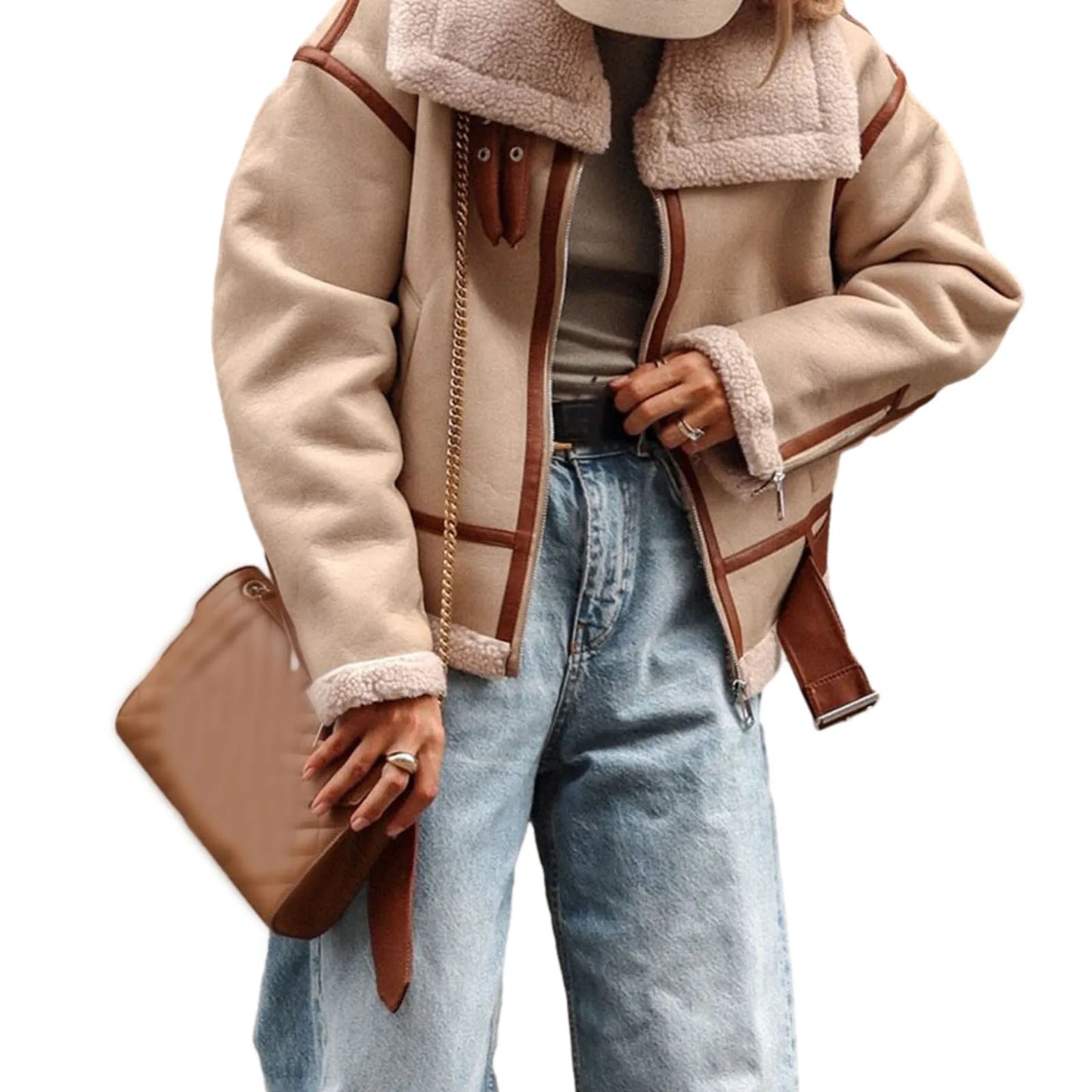 Women Motorcycle Jacket Casual Patchwork Long Sleeve Zipper Cardigan