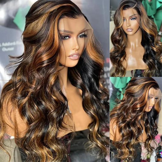 30 Inch 1B/30 Body Wave Ombre Highlight Wigs Human Hair 13x6 Transparent Lace Front Wig Colored Wig for Black Women 200 Density