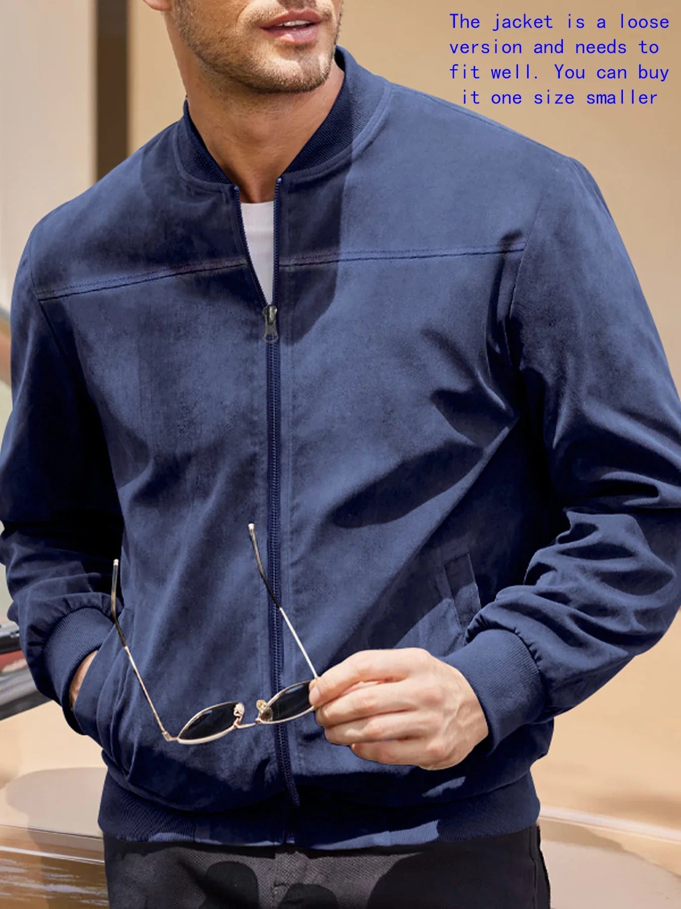 Men's suede nap fabric casual jacket Round neck zipper Solid color Sport Bomber Jacket