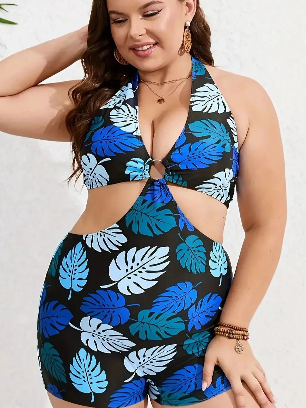 Women's Plus Size Tropical Book Page Printed One-piece Tie-neck Boxer Shorts Swimsuit Holiday Style