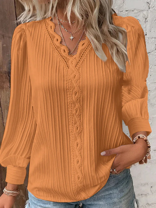Elegant Summer Hollow Lace Patchwork Women Shirt Chic Blouse V Neck Long Sleeve Shirt