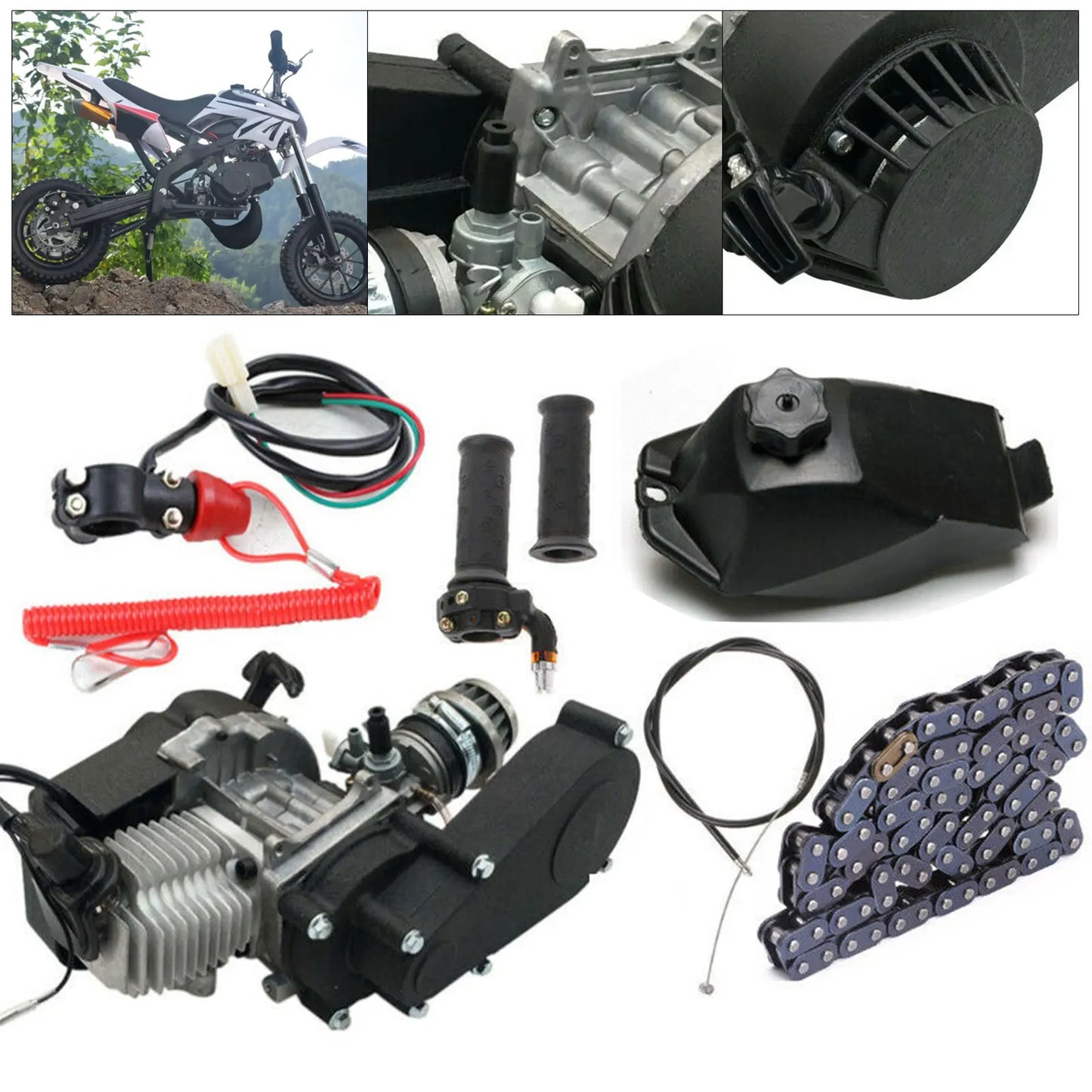 2 Stroke 49CC Pull Start Engine Mini Dirt Bikes Motor Gear Box Chain Kit For  Mini Pit Bike