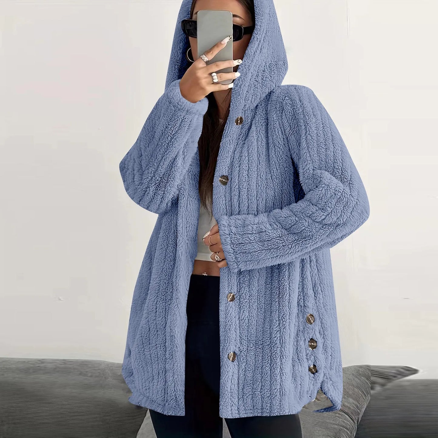 Button Hooded Jacket Plush Top Irregular Trendy Brand Solid Color Jacket For Women