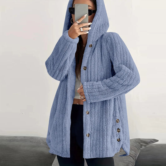 Button Hooded Jacket Plush Top Irregular Trendy Brand Solid Color Jacket For Women
