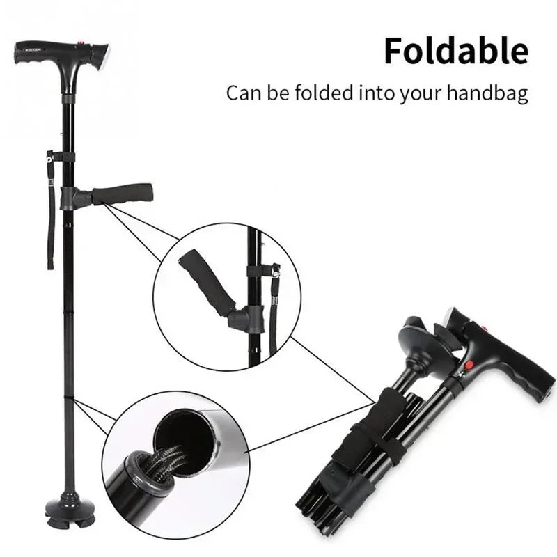 Collapsible Telescopic Folding Cane Elder Cane LED With Alarm Walking Trusty Sticks Elde