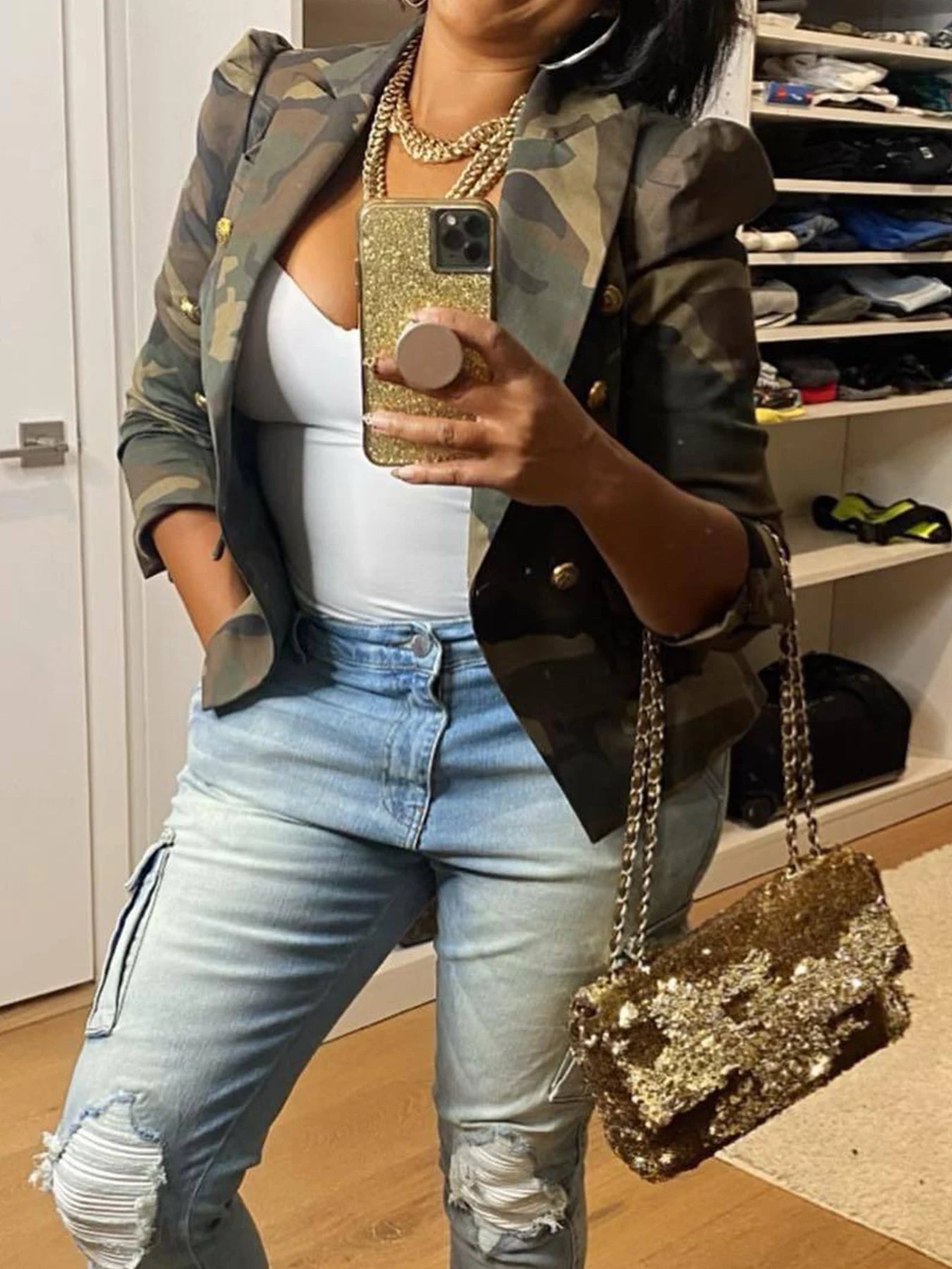 Camouflage Printed Double Breasted Jacket, Casual Long Sleeved Lapel Open Top