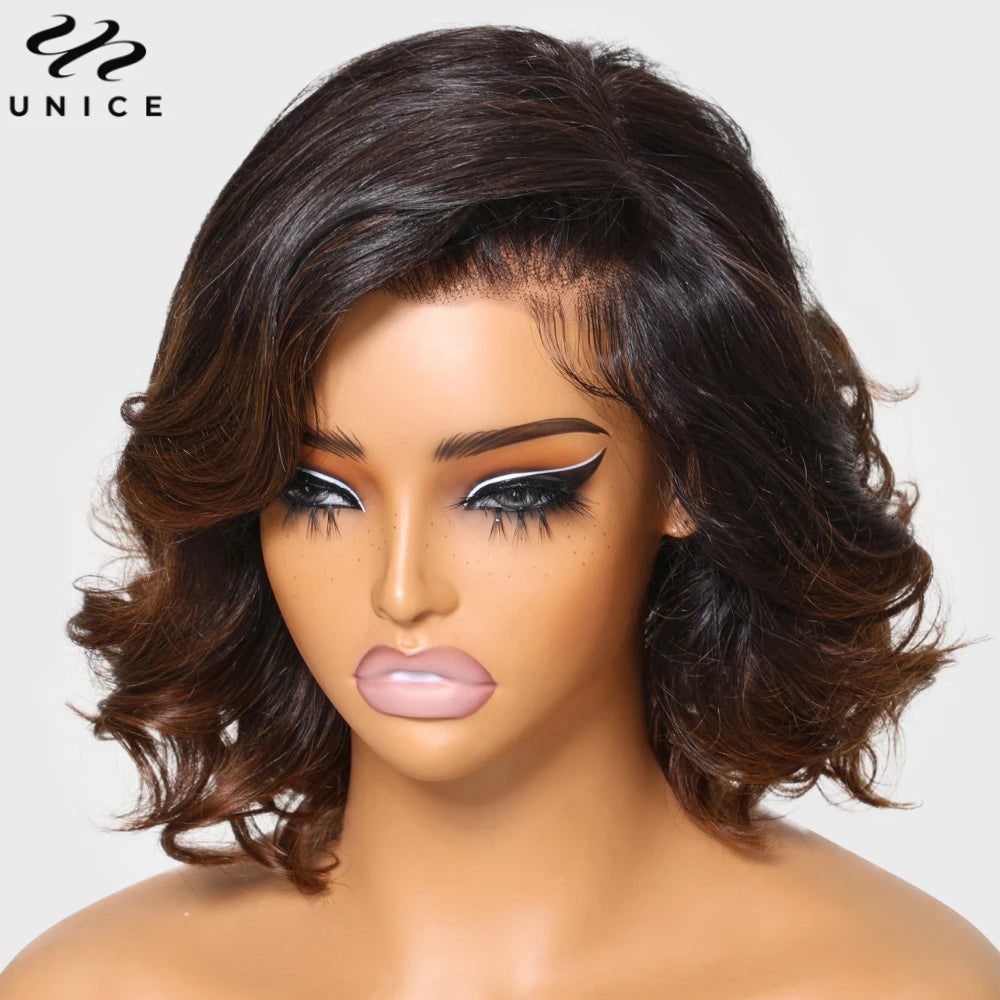 Hair Ombre Brown Spiral Curls Wavy Bob Wig 13x4 Human Hair Lace Frontal Wig