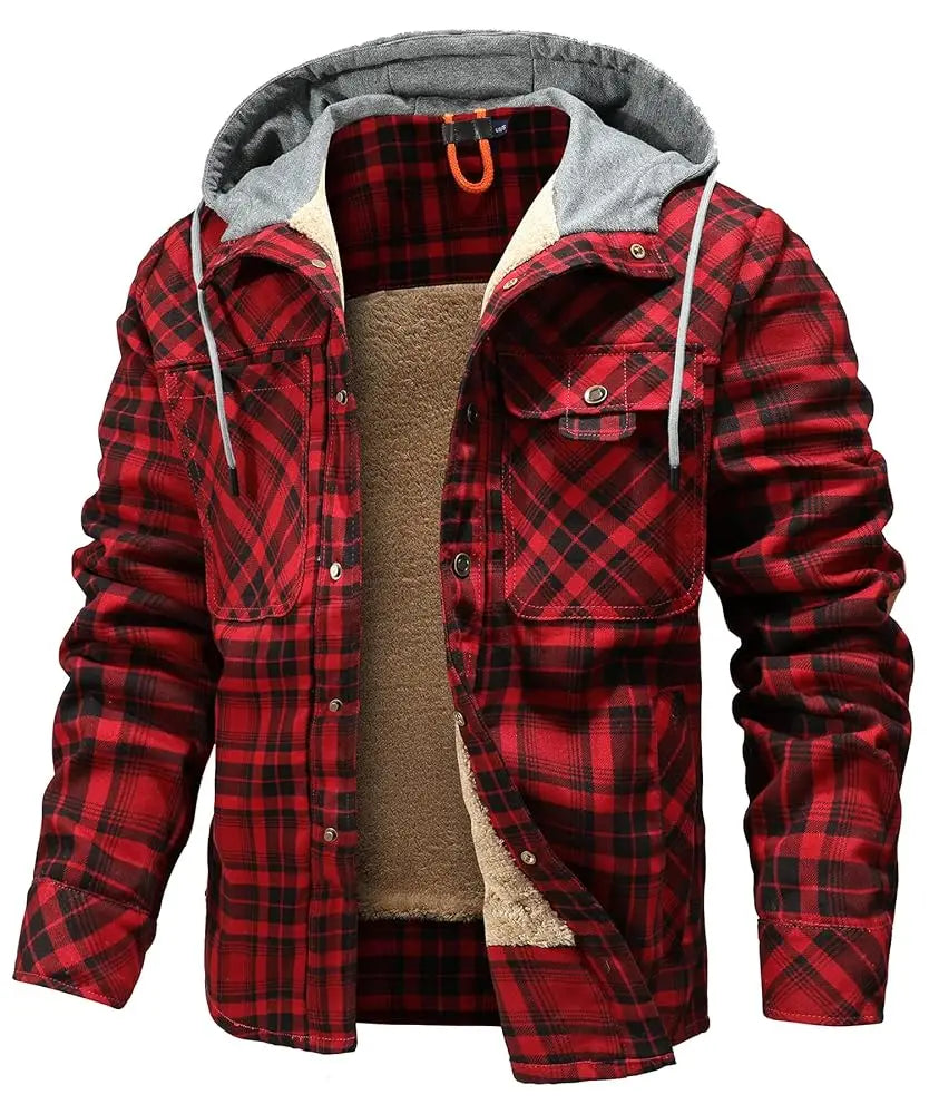 Men's Jackets Winter Hooded Warm Coat Casual Thicken Plaid Work Flannel