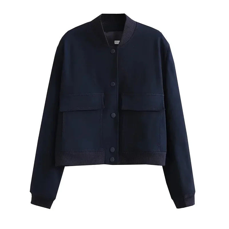 Woman Bomber Jacket Coat White Autumn Winter Button Baseball Aviator