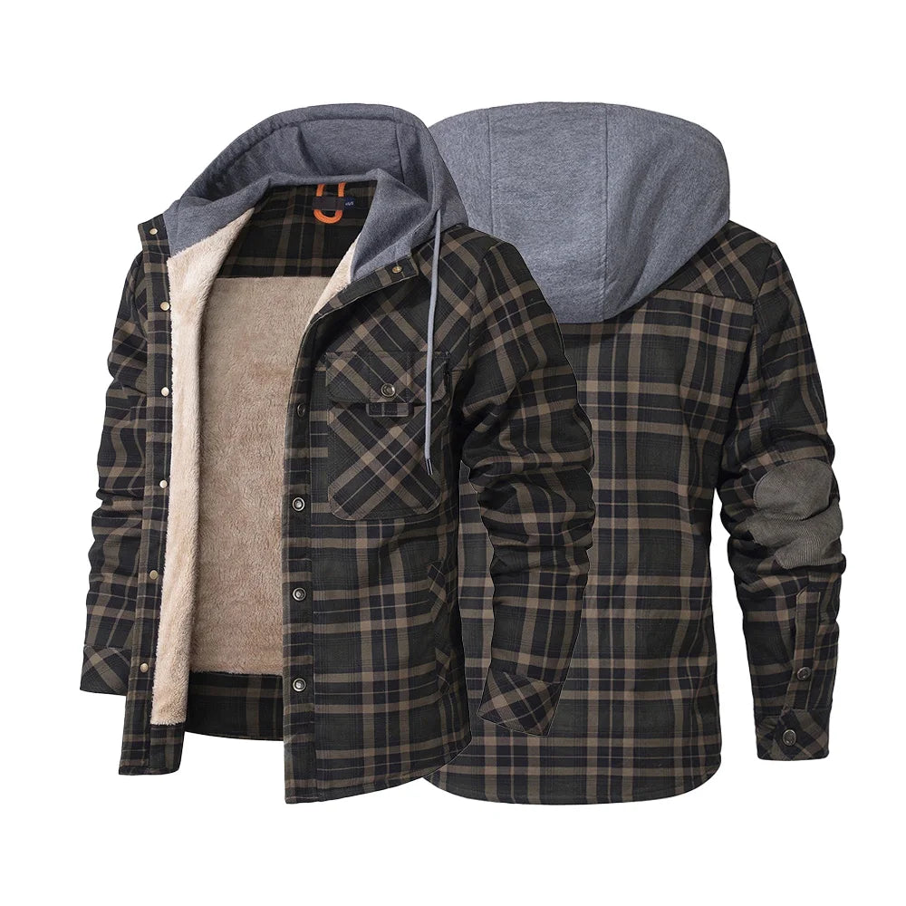 Men's Jackets Winter Hooded Warm Coat Casual Thicken Plaid Work Flannel