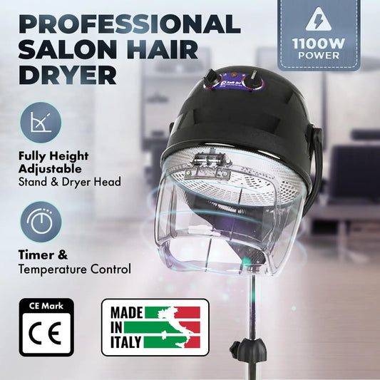1100W Professional Salon Hair Dryer with Timer, Temp Control, Adjustable Height & Head, Rolling Caster Base
