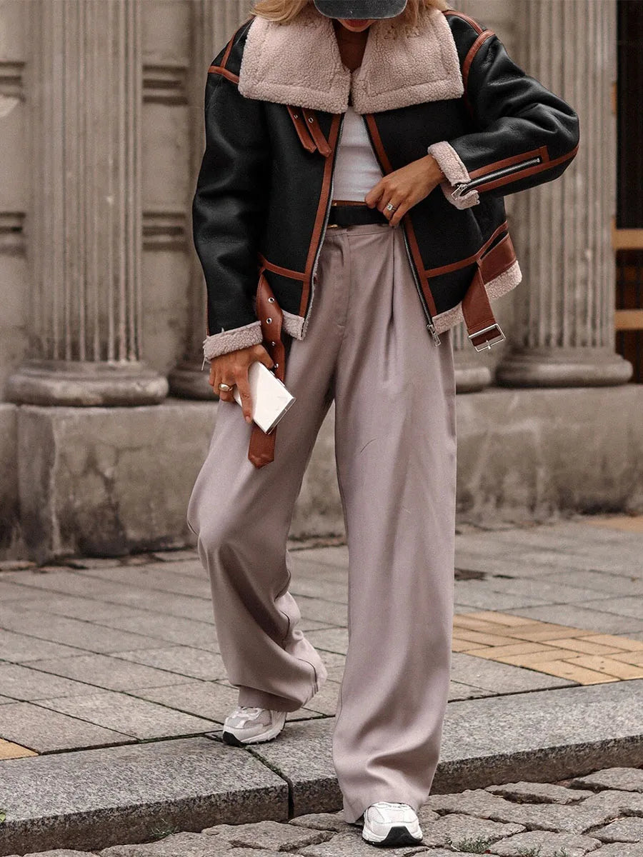 Women Motorcycle Jacket Casual Patchwork Long Sleeve Zipper Cardigan