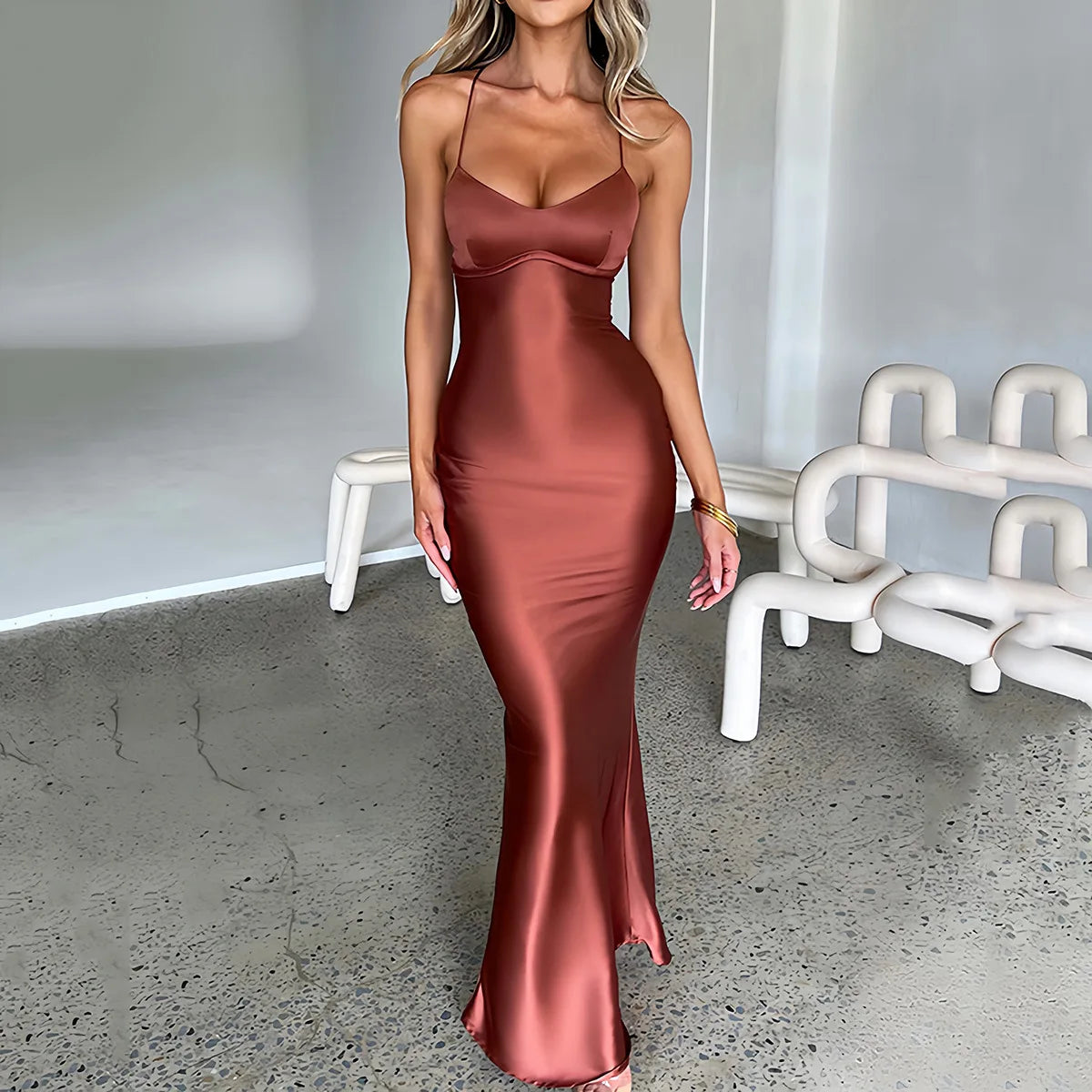 Sexy Satin Backless Lace Up Mermaid Slip Dress Women Sweetheart Neck Sexy Slim Bodycon Dresses