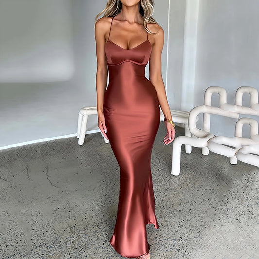 Sexy Satin Backless Lace Up Mermaid Slip Dress Women Sweetheart Neck Sexy Slim Bodycon Dresses