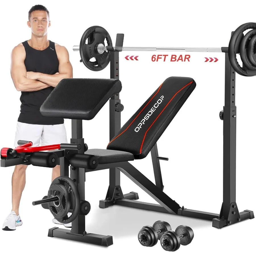 Weight Bench Set   and Curl, 900LBS Profesional Bench Press Set and Barbell Rack with Safety Spotter Catches, P