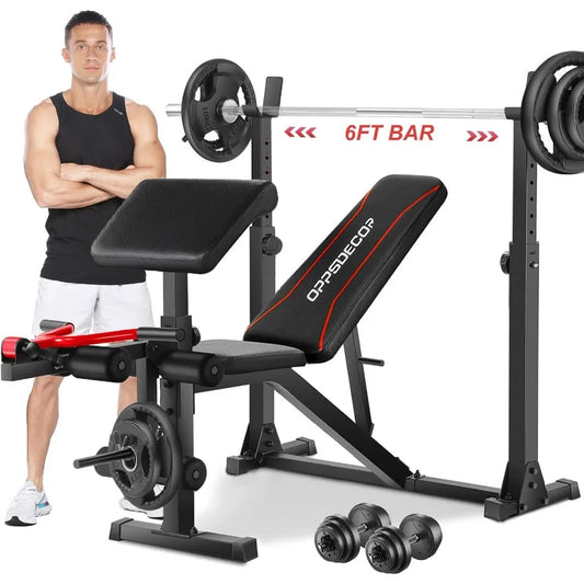 Weight Bench Set   and Curl, 900LBS Profesional Bench Press Set and Barbell Rack with Safety Spotter Catches, P