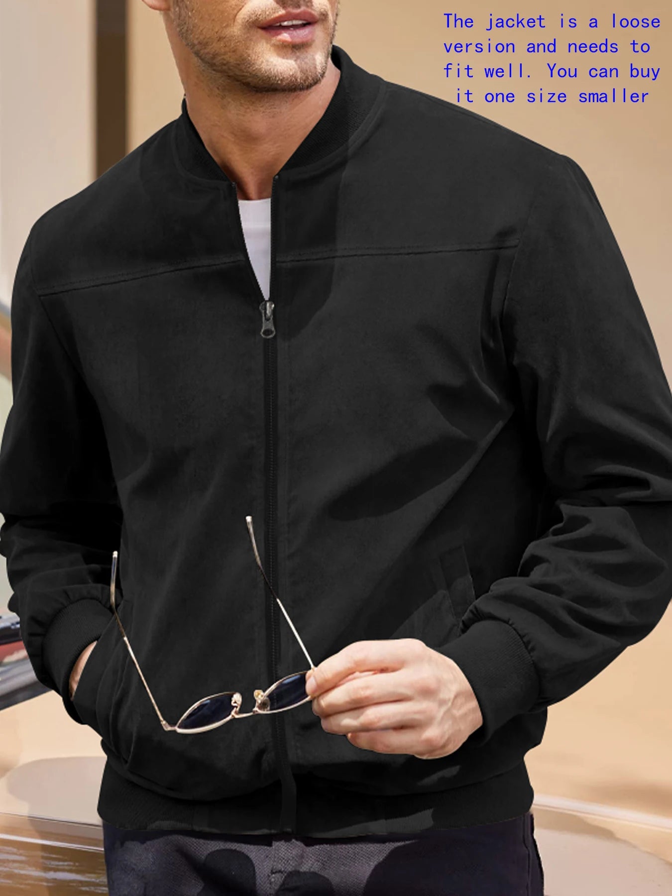 Men's suede nap fabric casual jacket Round neck zipper Solid color Sport Bomber Jacket