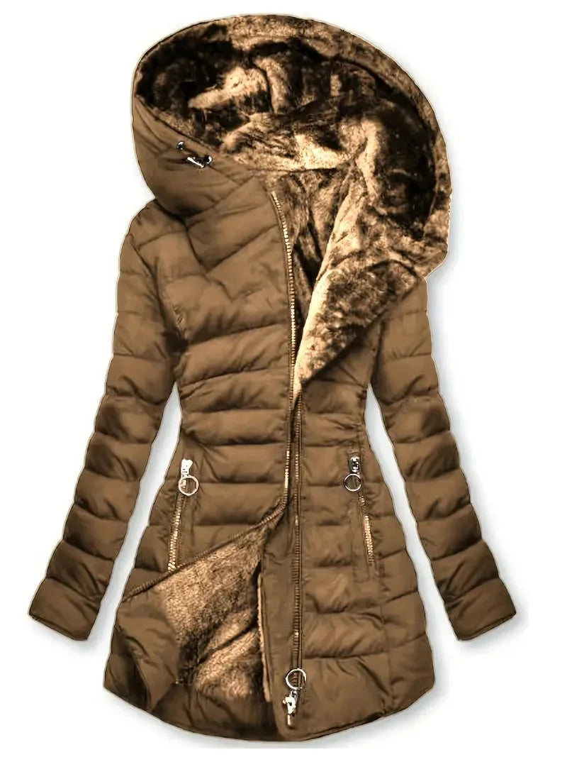 Long Sleeve Coat Solid Women's Winter Jacket with Plush Lining Hooded Outerwear