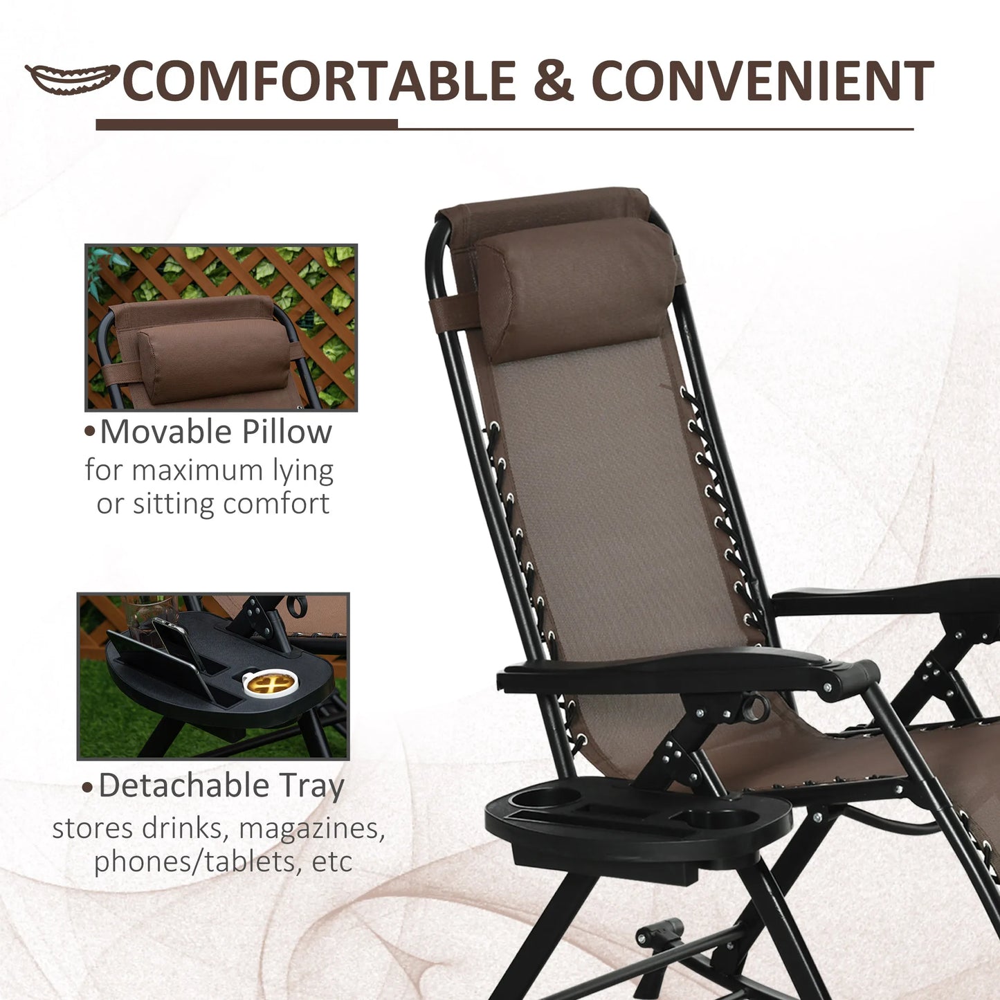 Zero Gravity Reclining Rocking Chair, Folding Lounge, Pillow, Cup Holder, Brown