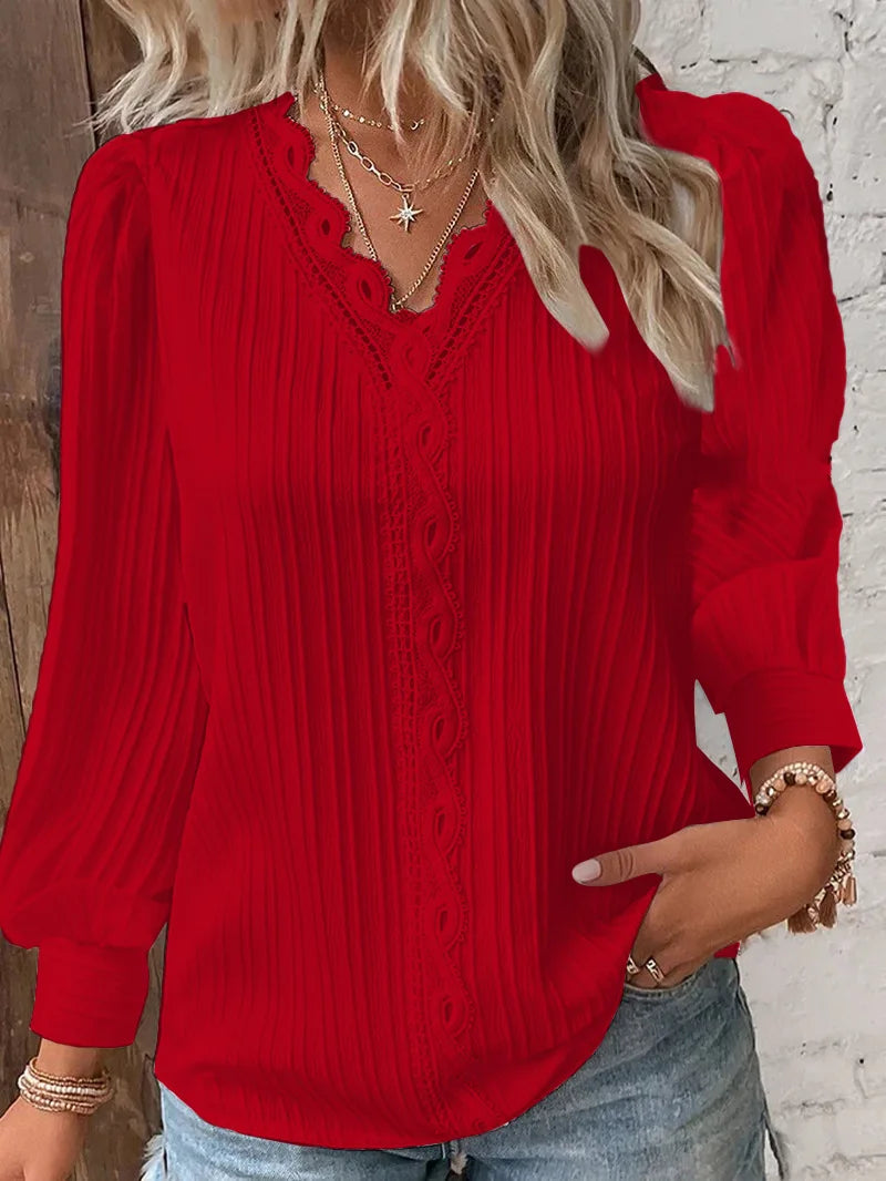 Elegant Summer Hollow Lace Patchwork Women Shirt Chic Blouse V Neck Long Sleeve Shirt