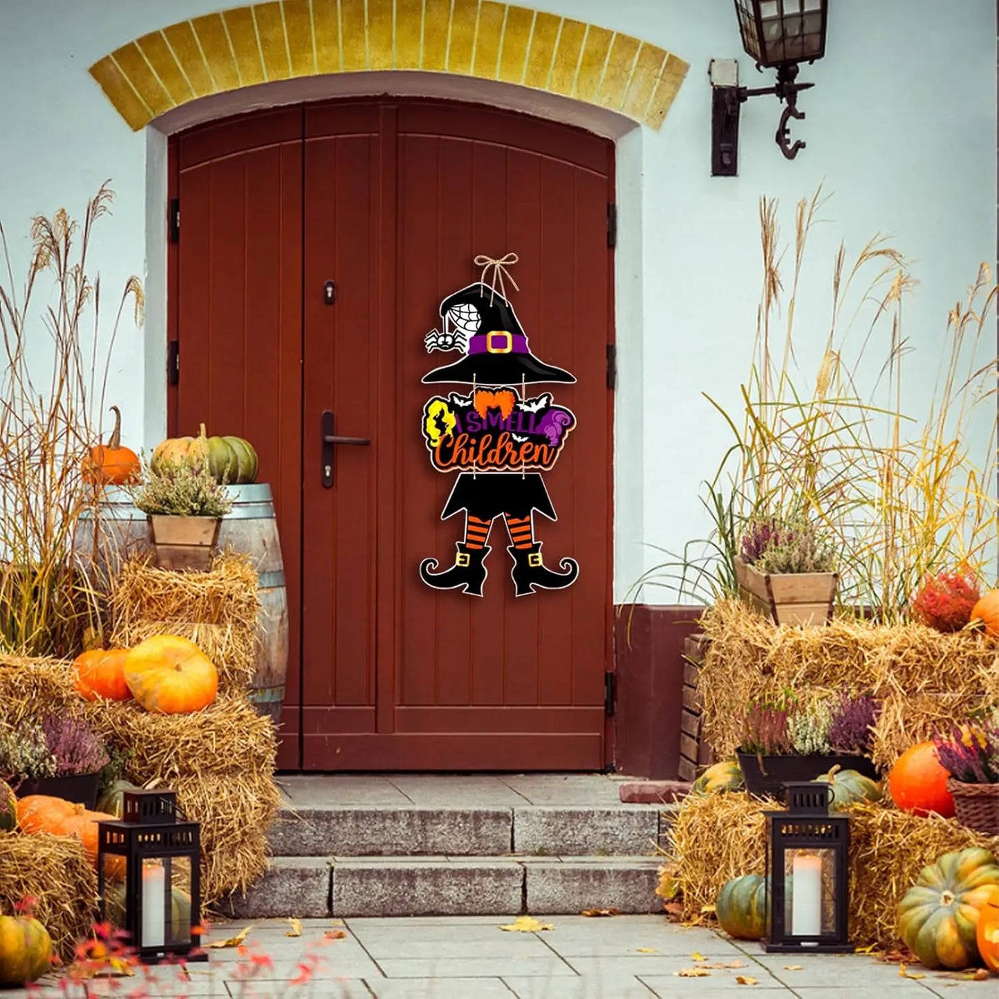 Halloween Hanging Sign Festive Pumpkin Bat and Skull Designs f