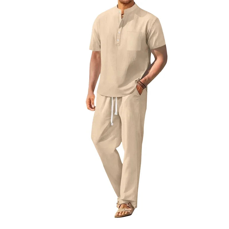 Men s Casual 2 Piece Outfit Short Sleeve Henley Tops