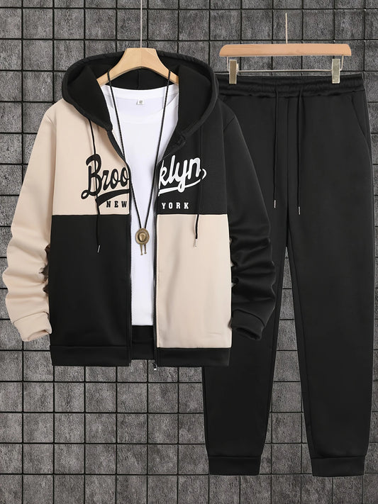 2-piece men's autumn/winter printed zip-up long-sleeved sweatshirt and sweatpants set