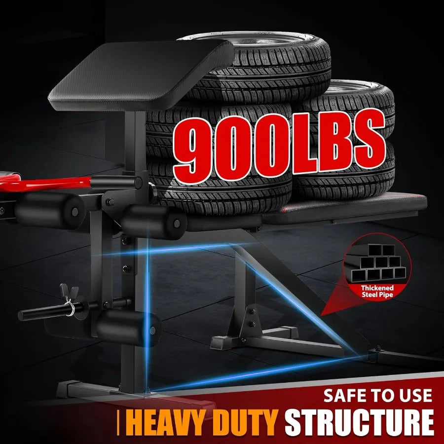 Weight Bench Set   and Curl, 900LBS Profesional Bench Press Set and Barbell Rack with Safety Spotter Catches, P