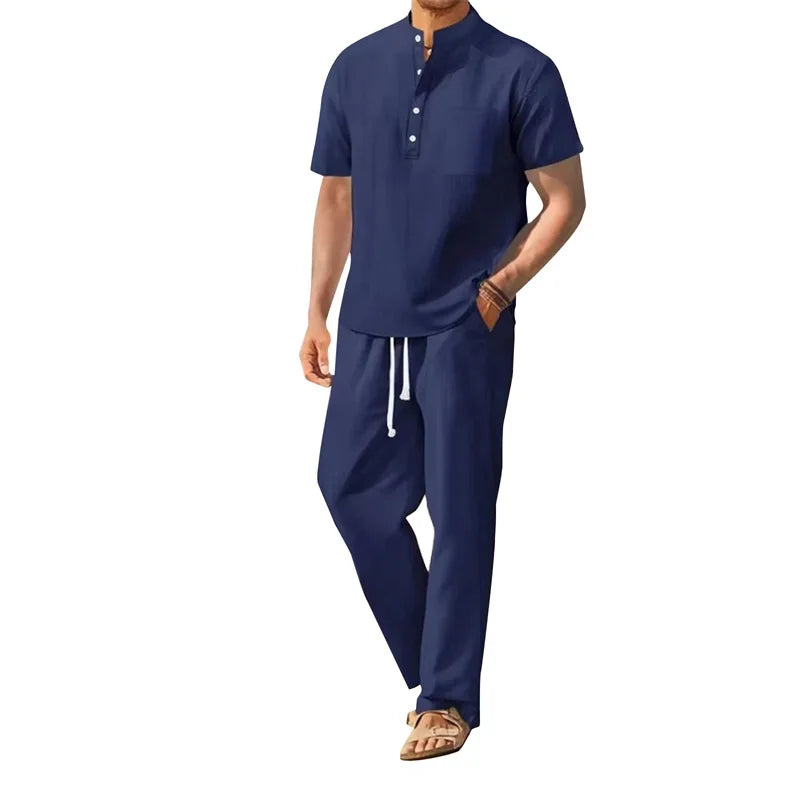 Men s Casual 2 Piece Outfit Short Sleeve Henley Tops