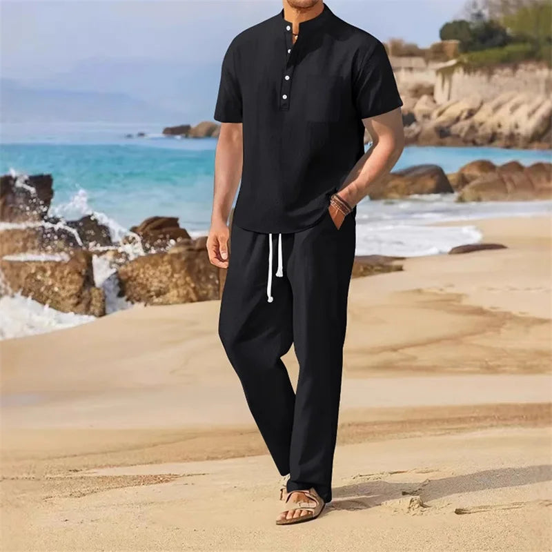 Men s Casual 2 Piece Outfit Short Sleeve Henley Tops