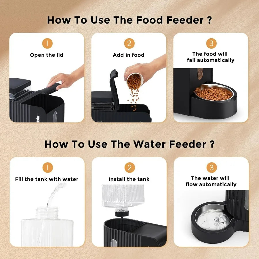 2 in 1 Automatic Gravity Cat Feeder and Water Dispenser with 304 Stainless Steel Bowls