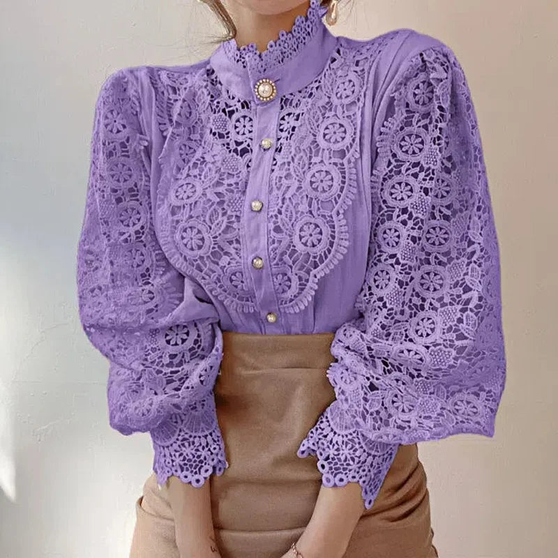 Shirt Women Blusas Mujer De Moda Office Lady Flower Blouse Spring Hollow Out Lace