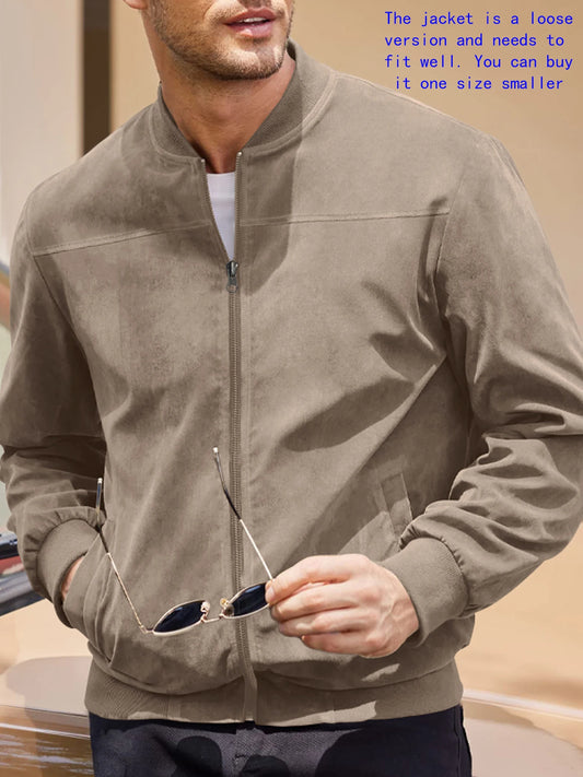Men's suede nap fabric casual jacket Round neck zipper Solid color Sport Bomber Jacket