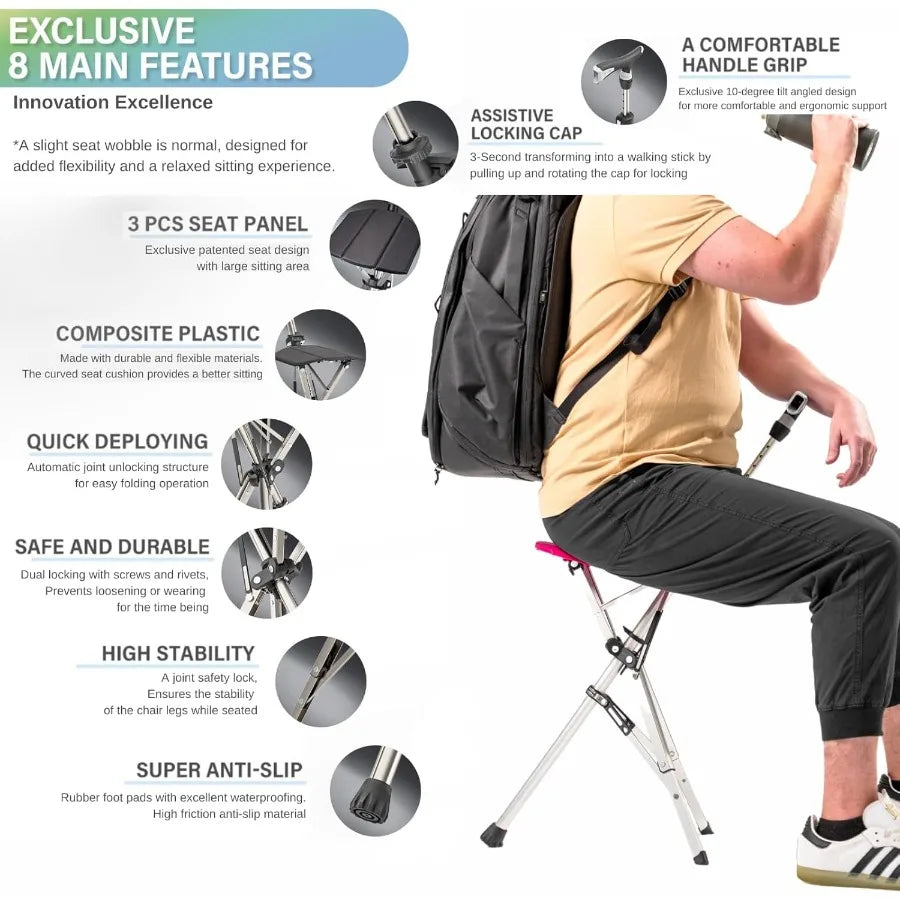 Portable Trekking Hiking Pole Folding Walking Stick with Seat Walking Cane with Chair Foldable Chair