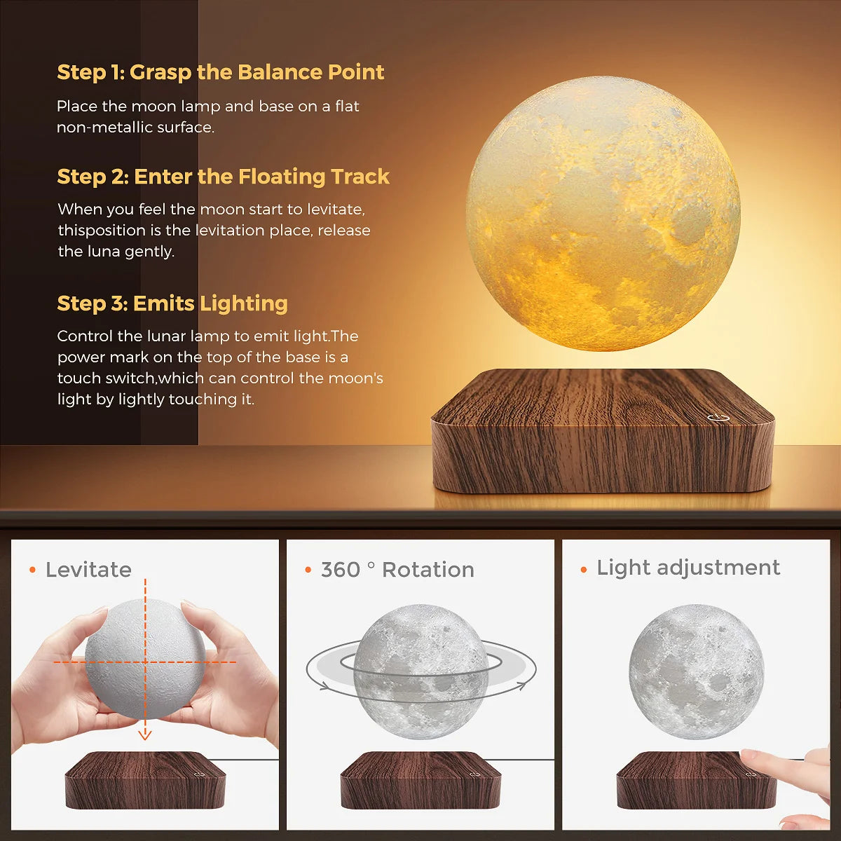 Magnetic Floating Rotating Moon Lamp with Wooden Base, 3 Color