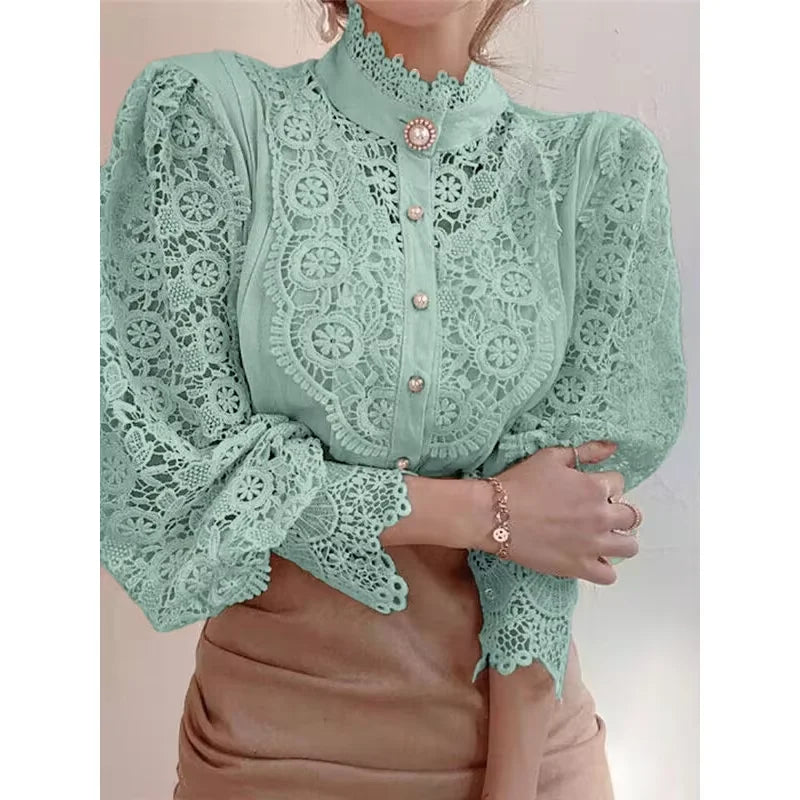 Shirt Women Blusas Mujer De Moda Office Lady Flower Blouse Spring Hollow Out Lace
