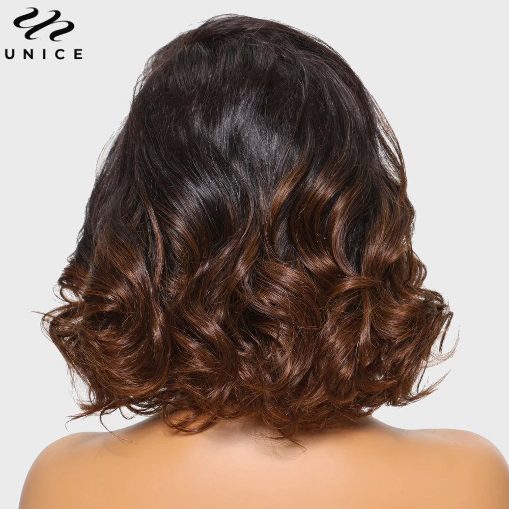 Hair Ombre Brown Spiral Curls Wavy Bob Wig 13x4 Human Hair Lace Frontal Wig