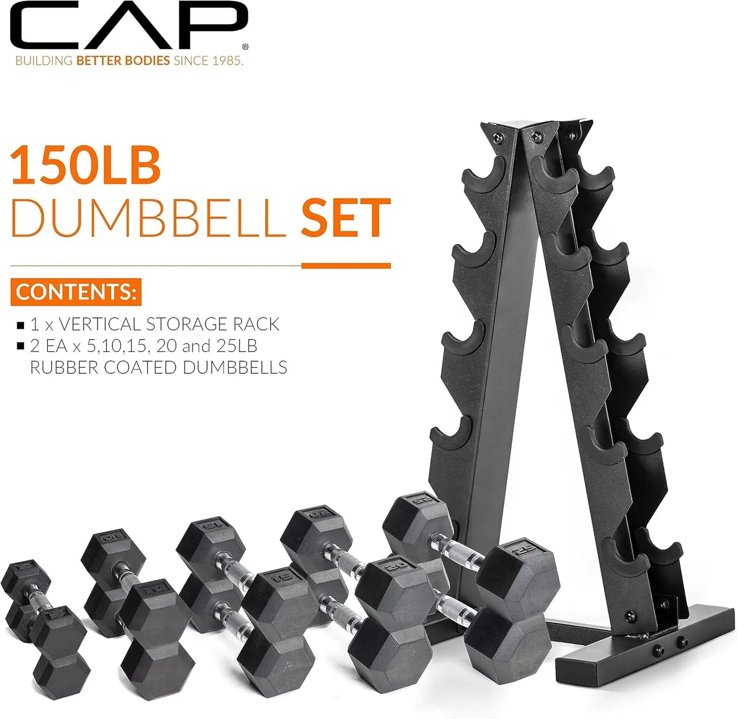 150 LB Coated Hex Dumbbell Weight Set with Vertical Rack