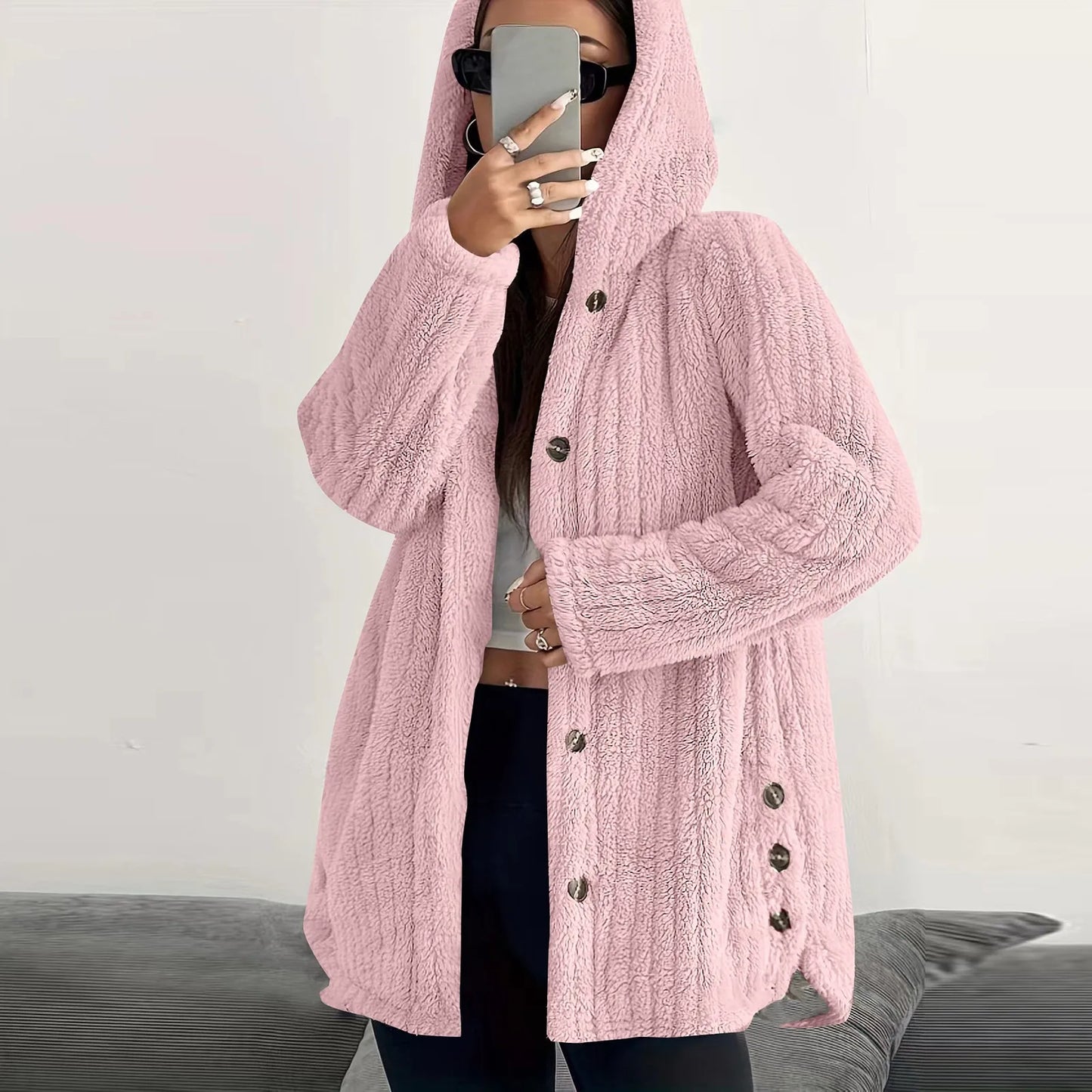 Button Hooded Jacket Plush Top Irregular Trendy Brand Solid Color Jacket For Women