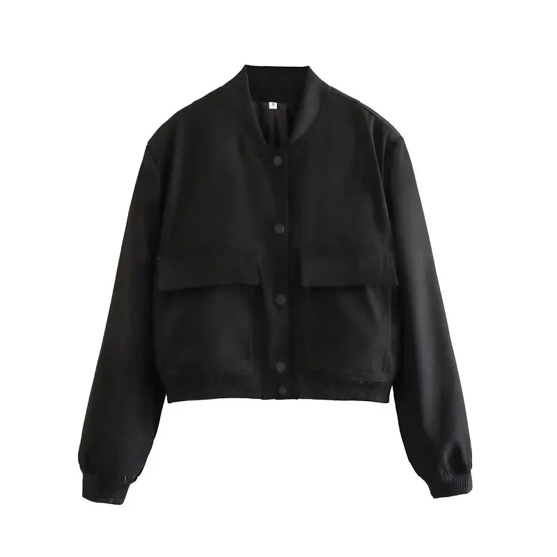 Woman Bomber Jacket Coat White Autumn Winter Button Baseball Aviator