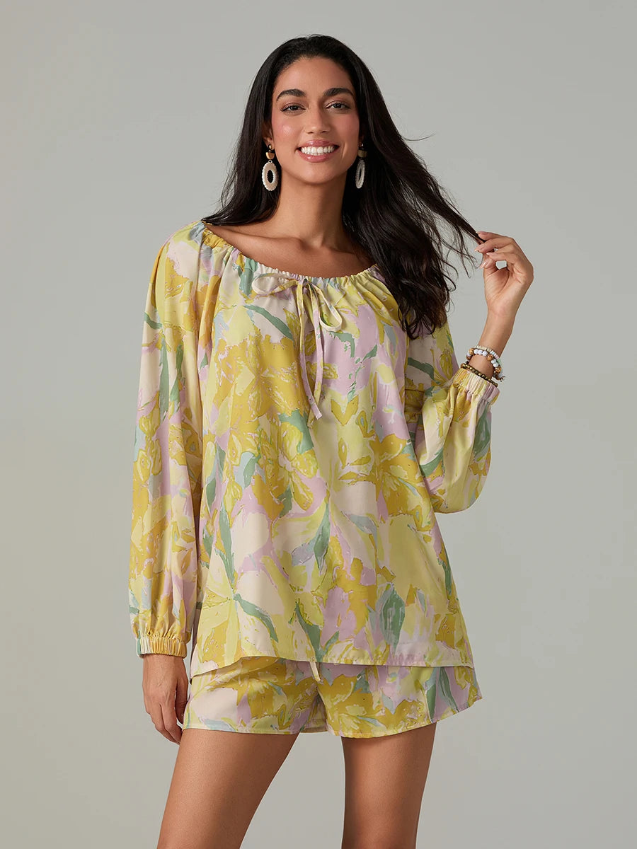 Elegant Floral Ensemble Stylish Long Sleeve Blouse with Tie-up