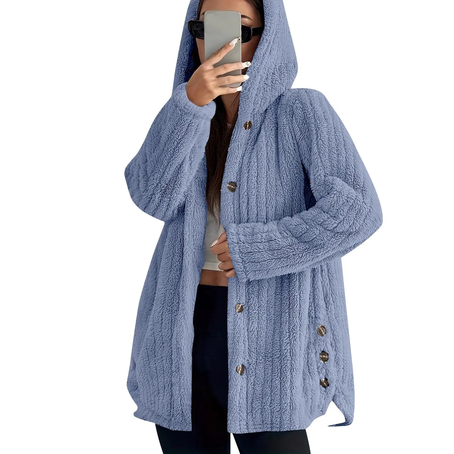 Button Hooded Jacket Plush Top Irregular Trendy Brand Solid Color Jacket For Women