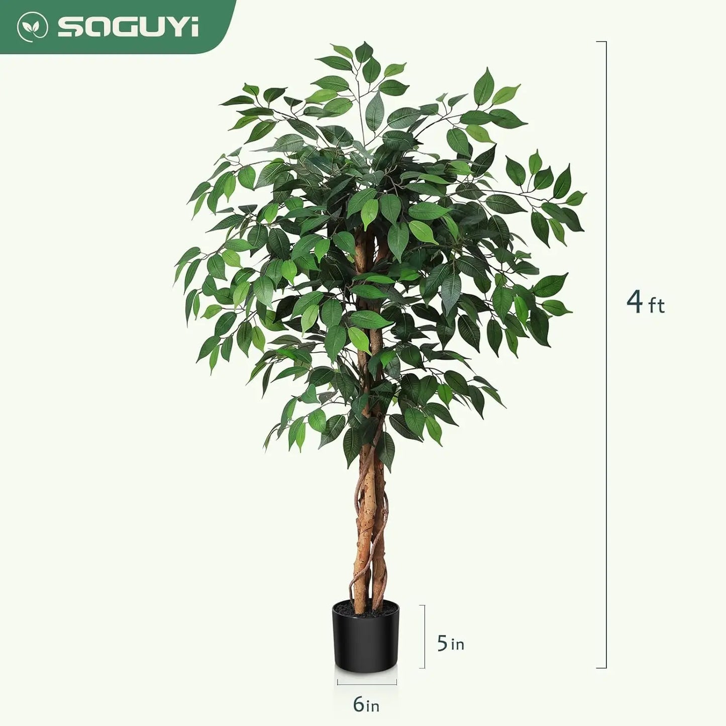 4ft Artificial Ficus Tree with Natural Wood Trunk in Plastic Pot, Silk Fake Plant for Home Office