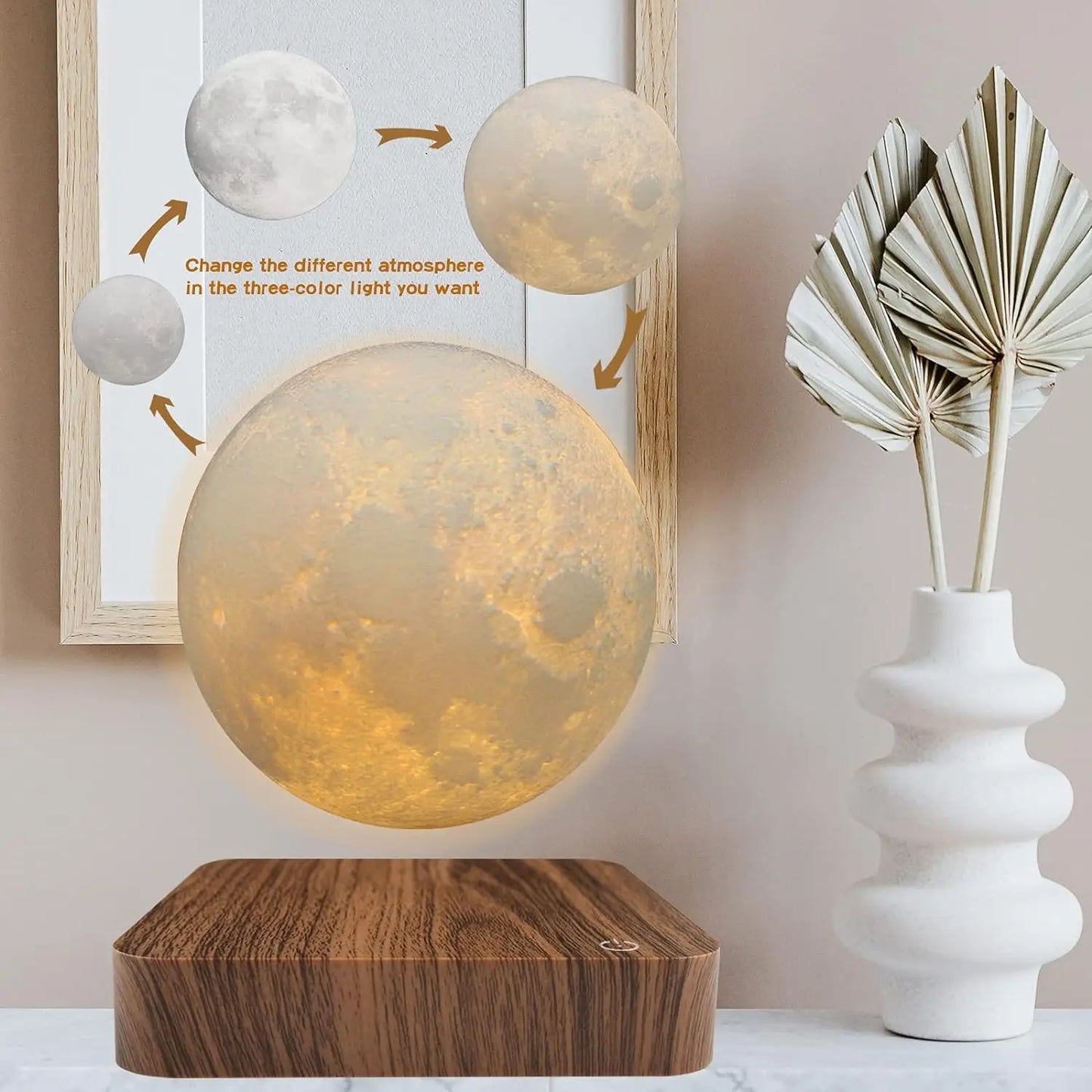Magnetic Floating Rotating Moon Lamp with Wooden Base, 3 Color