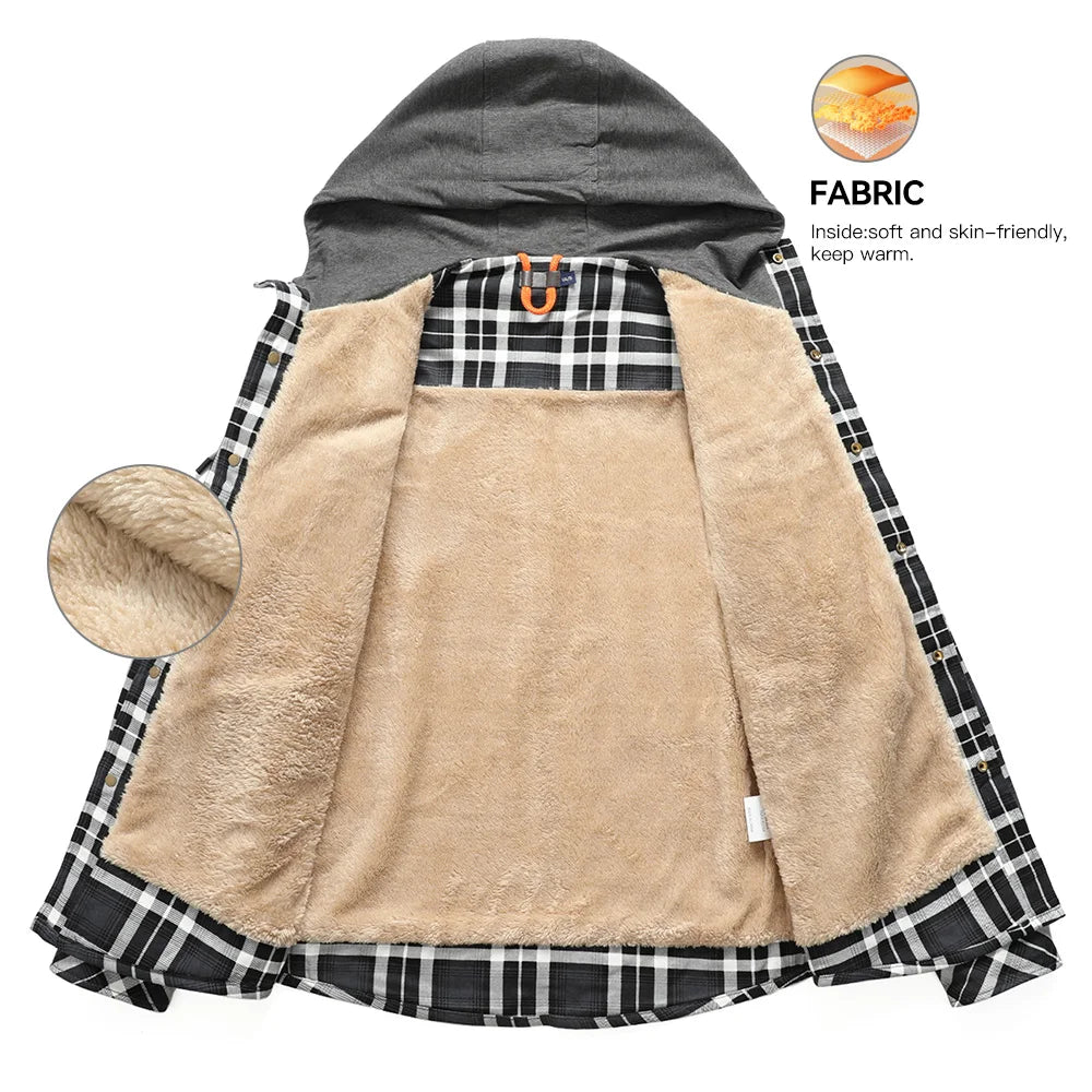 Men's Jackets Winter Hooded Warm Coat Casual Thicken Plaid Work Flannel