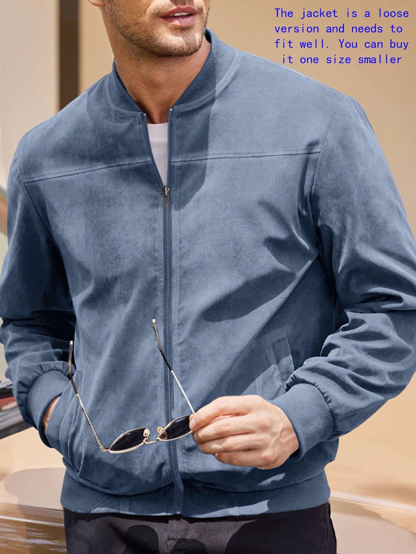 Men's suede nap fabric casual jacket Round neck zipper Solid color Sport Bomber Jacket