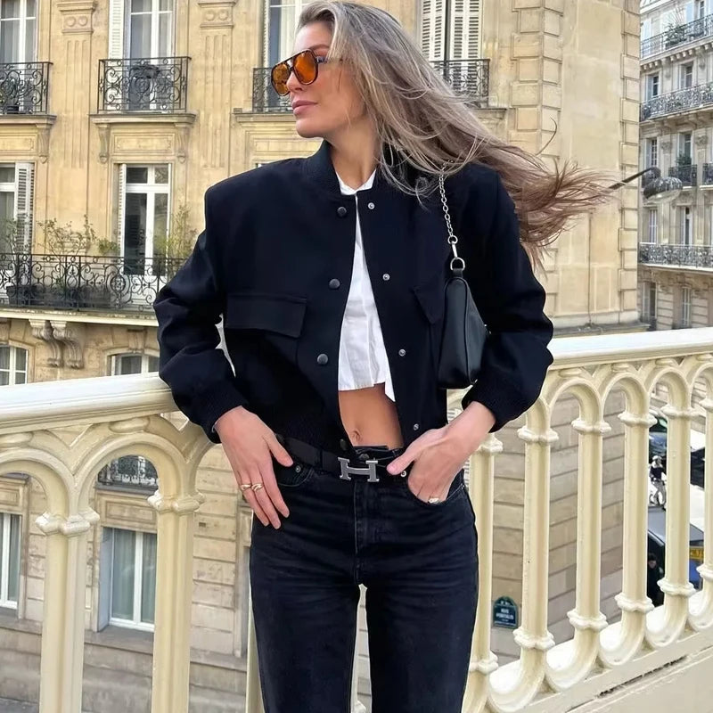 Woman Bomber Jacket Coat White Autumn Winter Button Baseball Aviator