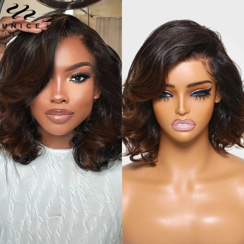 Hair Ombre Brown Spiral Curls Wavy Bob Wig 13x4 Human Hair Lace Frontal Wig