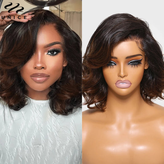 Hair Ombre Brown Spiral Curls Wavy Bob Wig 13x4 Human Hair Lace Frontal Wig